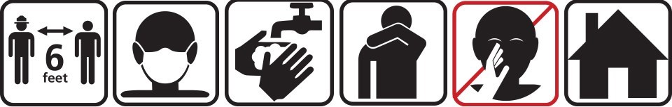 National Park COVID-19 response icons, including "6ft apart," "masks suggested," "wash hands," "cover your mouth and nose when you cough or sneeze," "avoid touching your eyes, nose and mouth," and "please return home and stay at home if you feel sick."