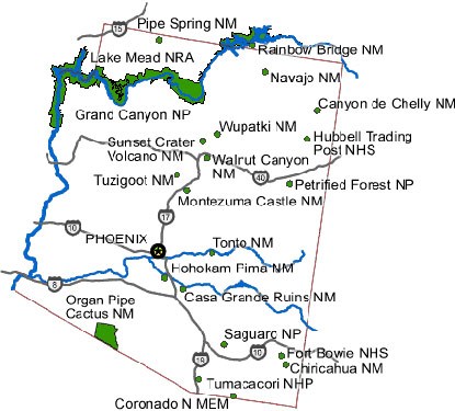 Map of Arizona with locations of National Park Service sites.