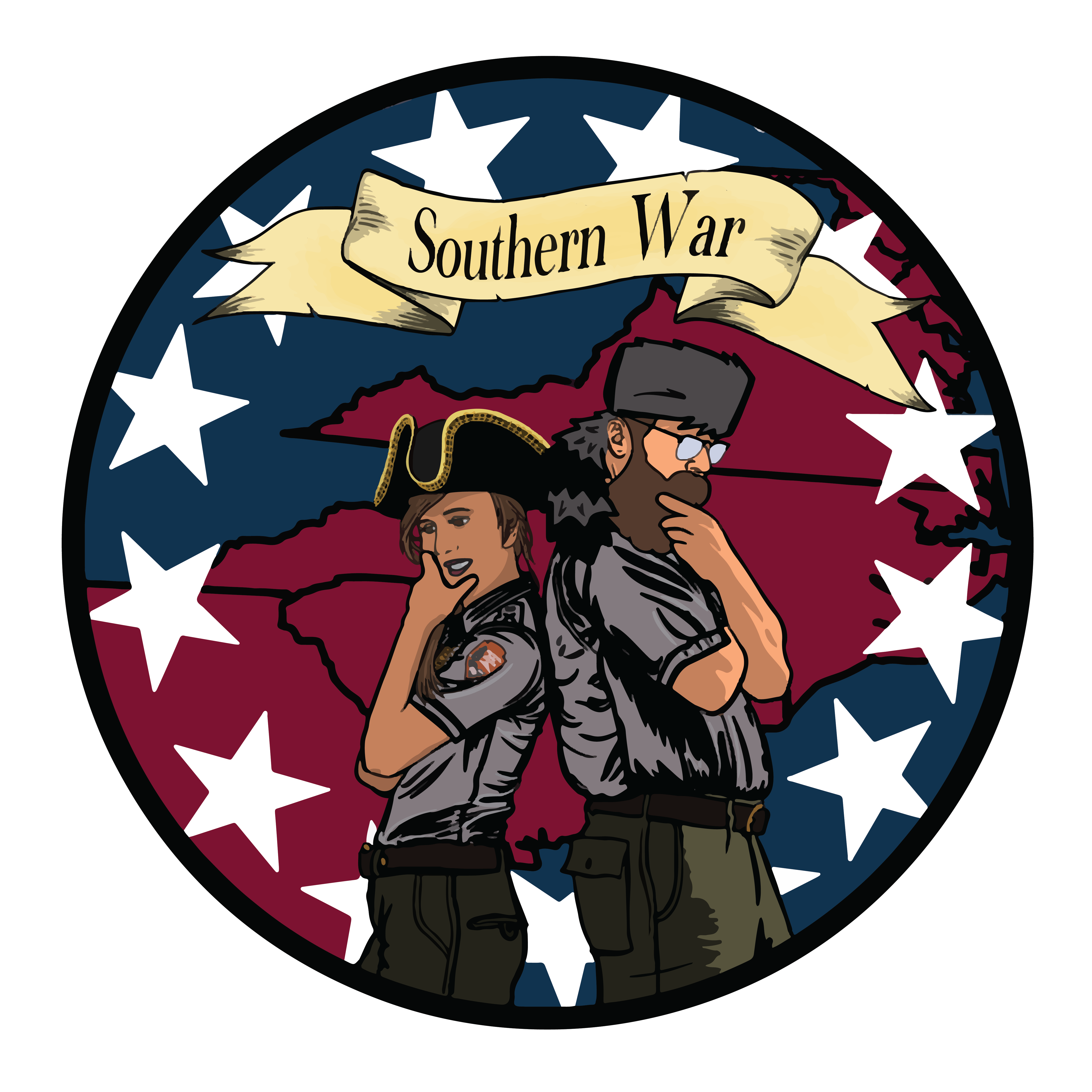 Southern War, a podcast about the Southern Theater of the American Revolution. Two rangers in gray shirts, wearing historical hats, standing in front of a map with stars.
