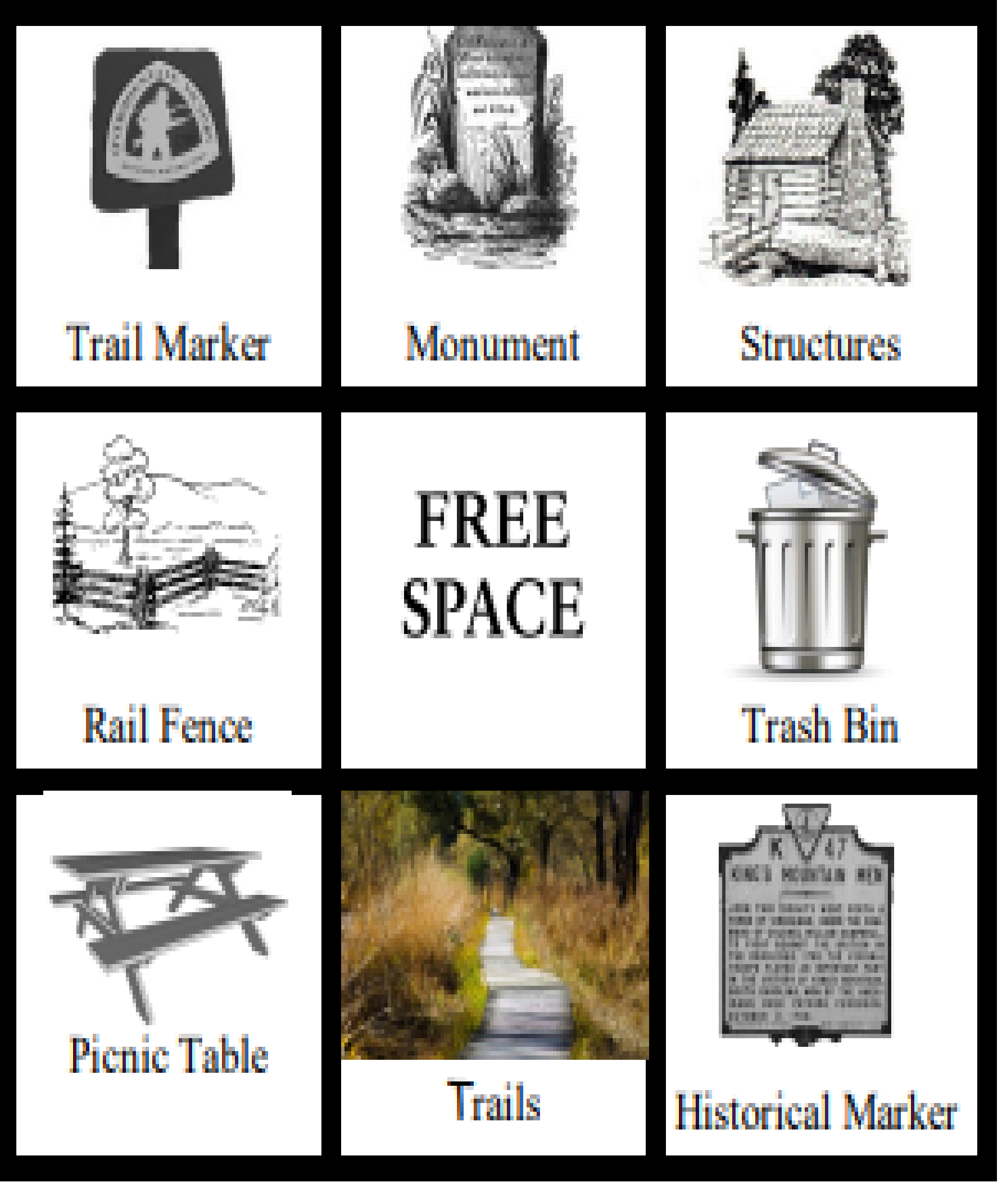 A 9 square bingo card has fences, trails, trash bins and other cultural resource pictures.