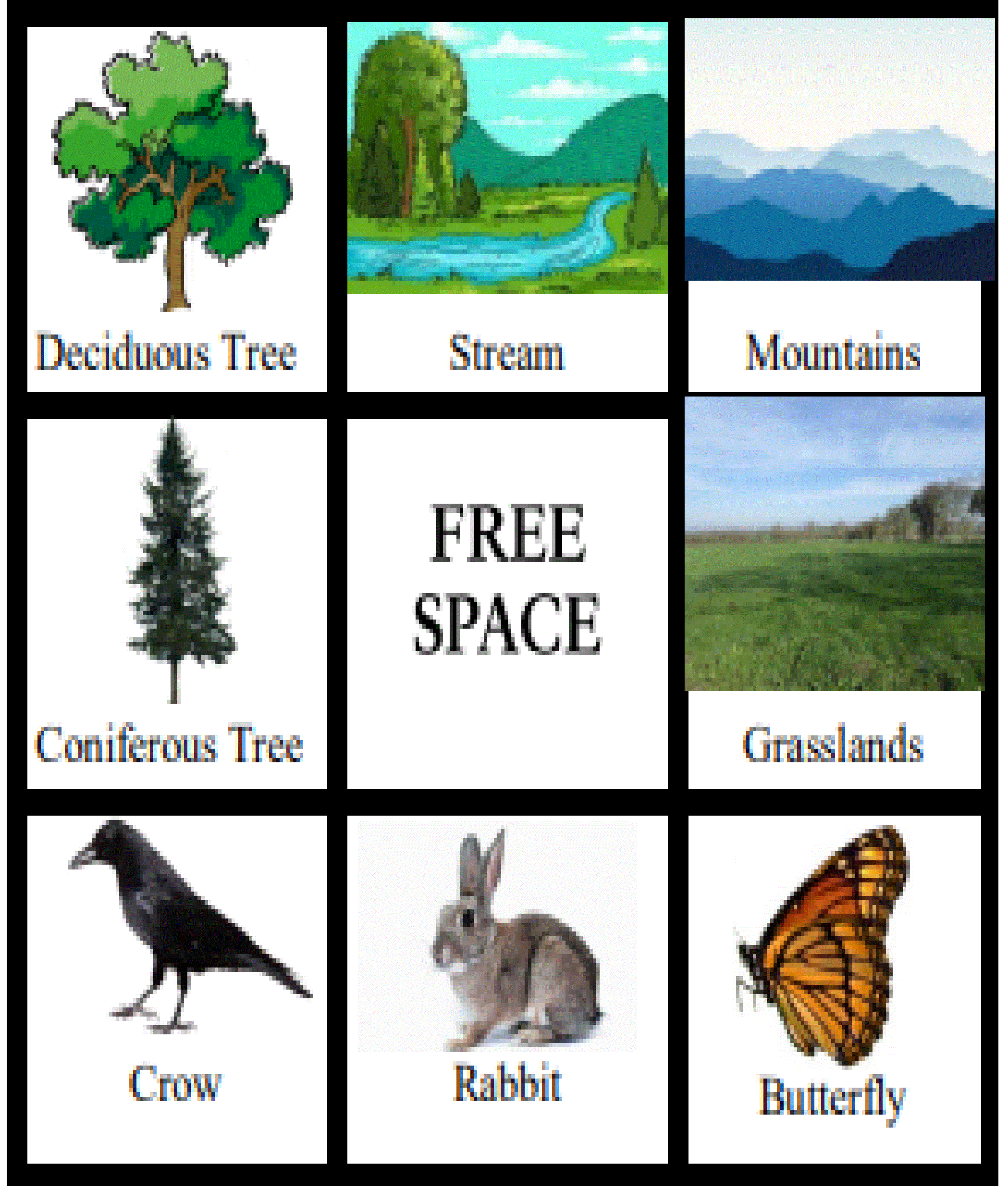A 9 space bingo board has animals, trees and landscapes inside the boxes.