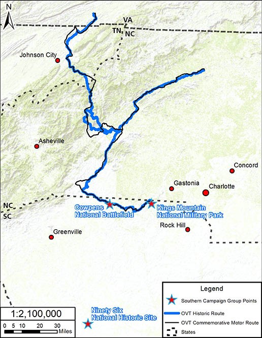 Map showing some sites of the Southern Campaign of the American Revolution