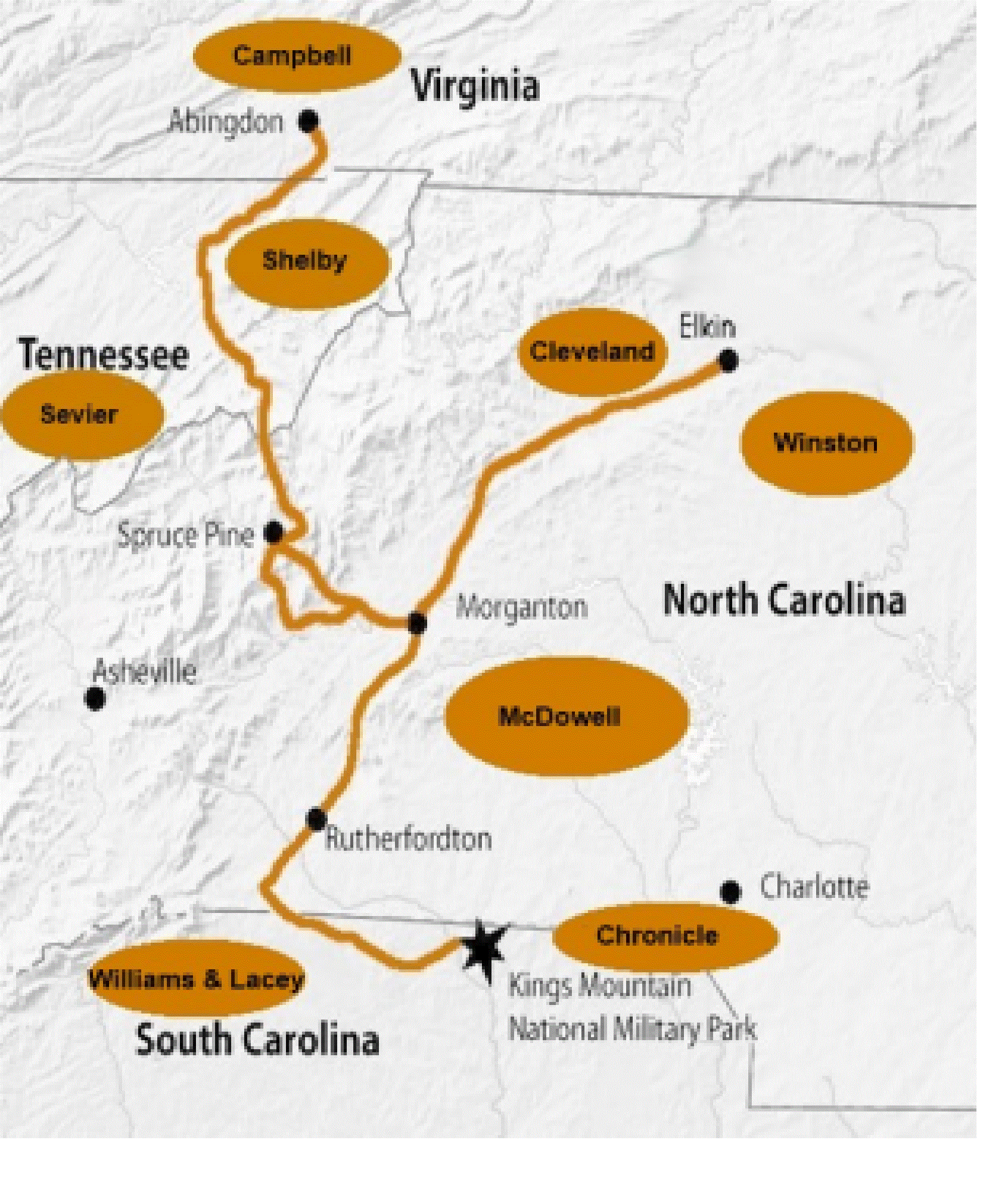 A map with 4 states and a orange trail from Virginia to South Carolina.