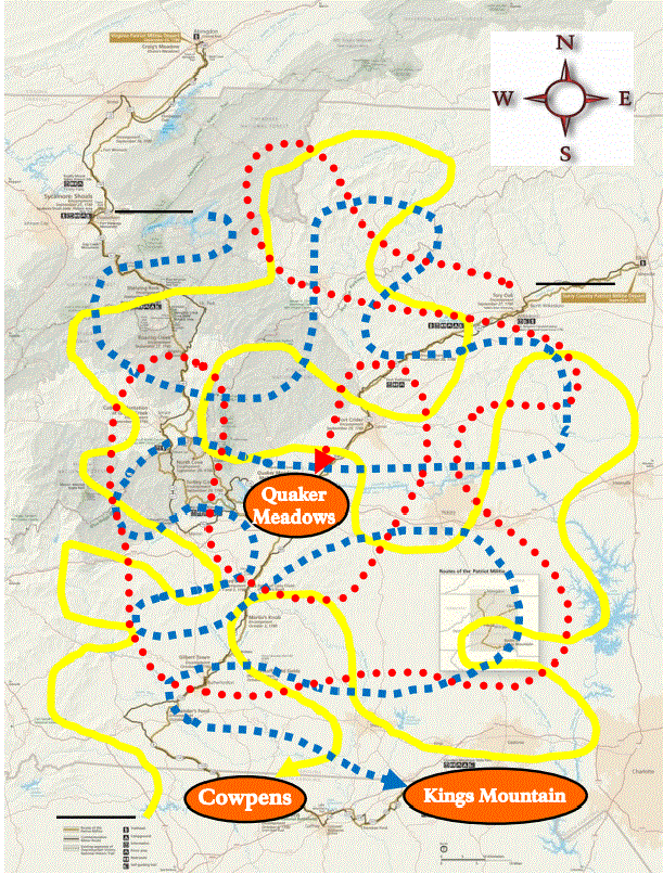 A map with three different trails showing how men arrived to Kings Mountain.