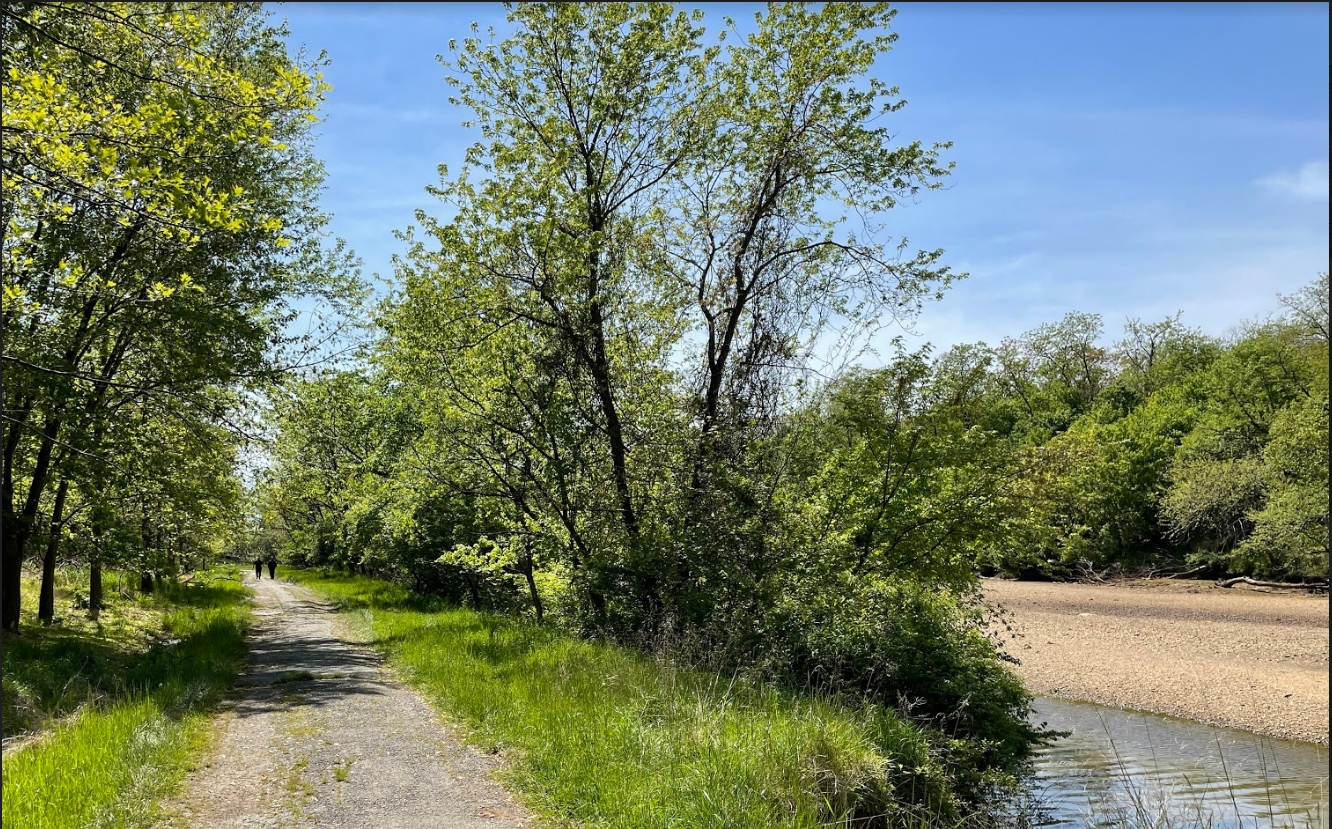 A paved trail along a riverbank