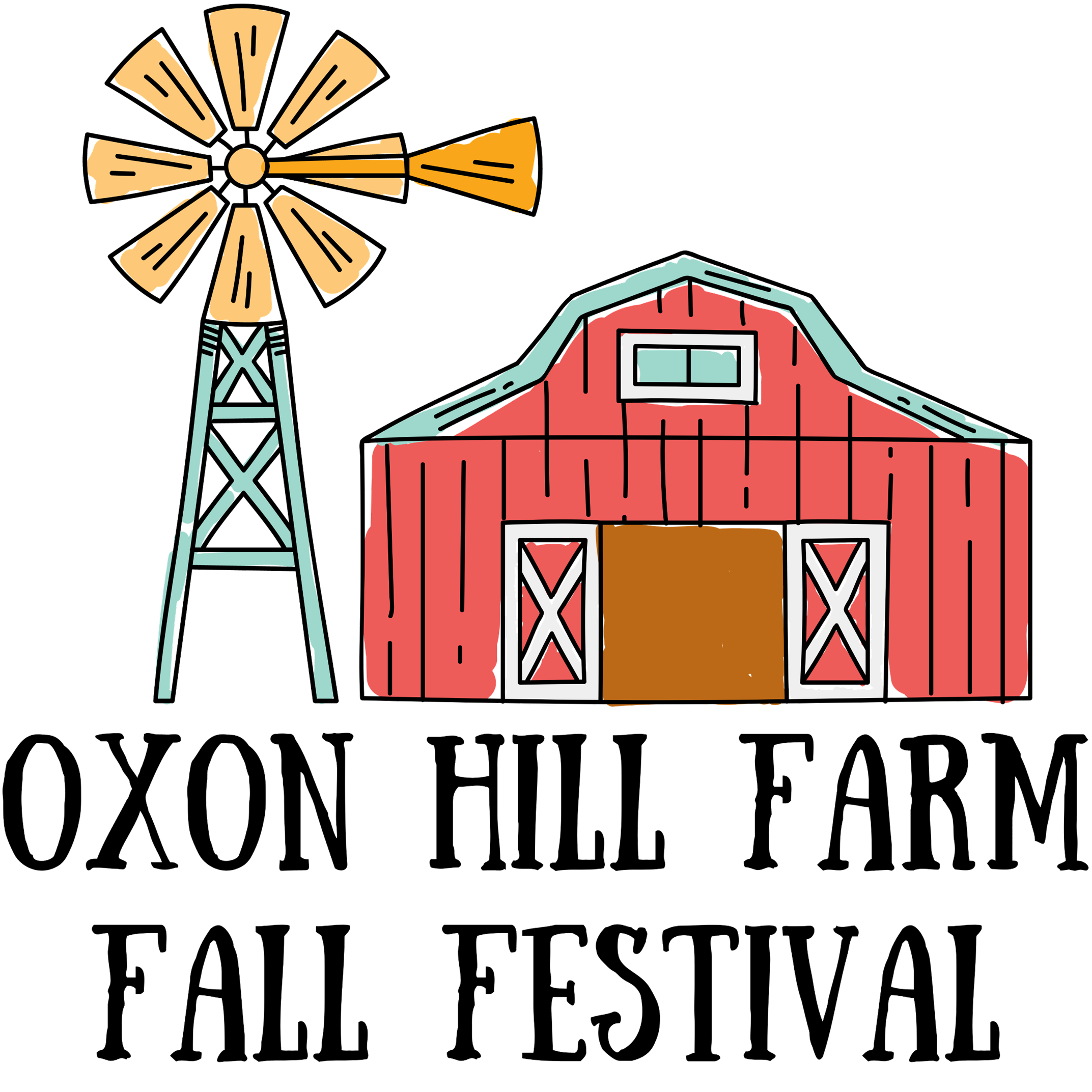 A doodle of a barn and windmill over the text "Oxon Hill Farm Fall Festival"