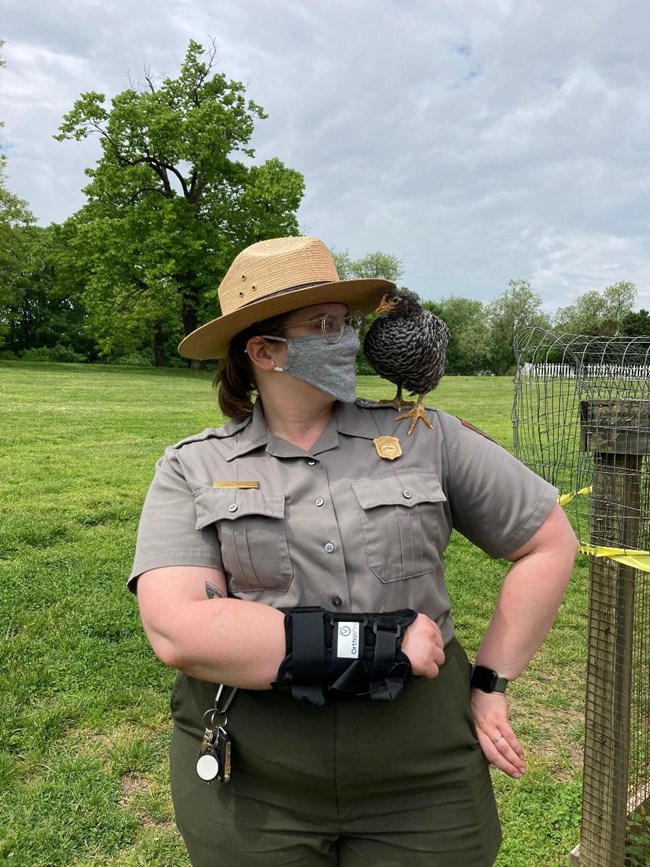 A masked ranger with a chicken on her shoulder
