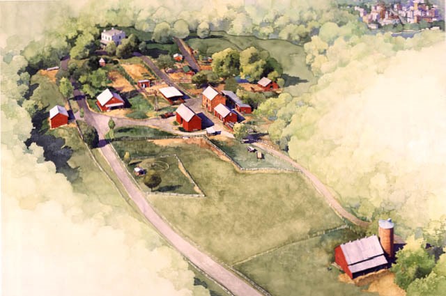 Aerial view of Oxon Hill Farm, located within Oxon Cove Park in Maryland, shows the farm oriented with the dairy barn in the lower right and the wagon road extending upward and left similar to the way a visitor would enter the area