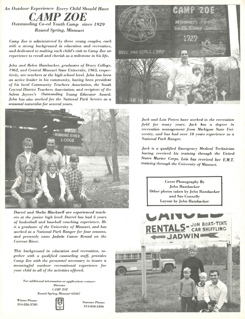 1975 Camp Zoe Pamphlet From the 70s or 80s: A scan of a pamphlet advertising a Youth Camp. The camp is “Camp Zoe,” and the page shows pictures of 3 couples and their kids. These couples are educators/camp leaders, and each picture gives a description of their background and ski