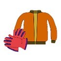 an orange jacket and red gloves