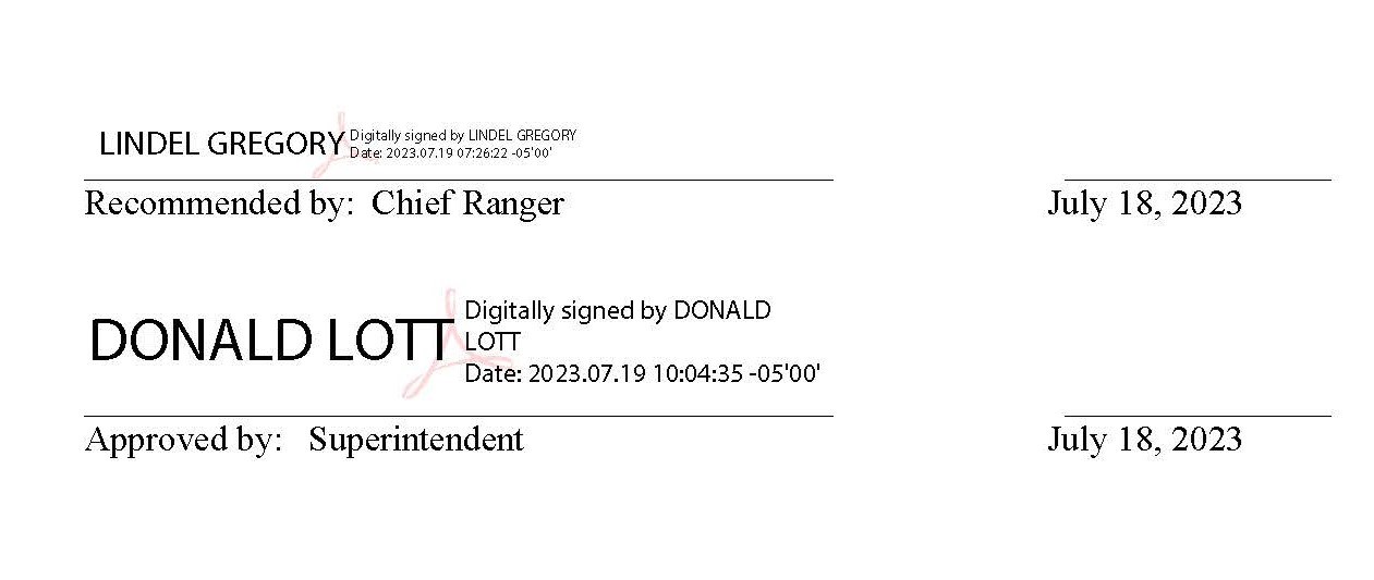 Digital signatures of Chief Ranger Lindel Gregory and Park Superintendent Jason Lott
