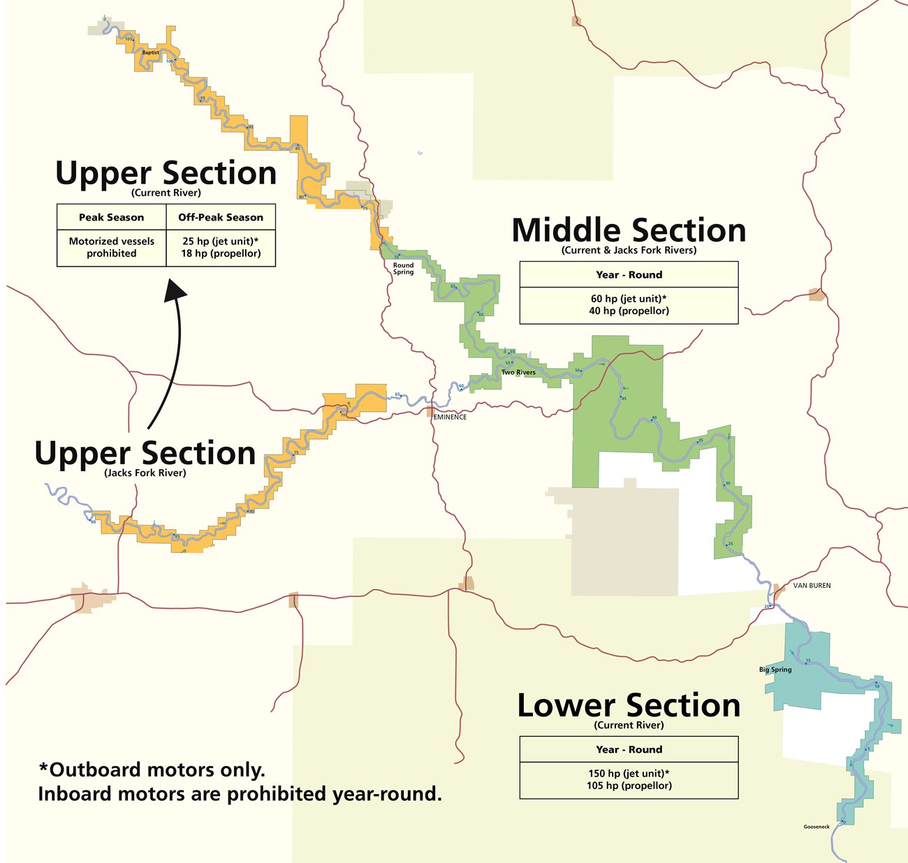 A map distinguishing various sections of the Current and Jacks Fork Rivers.