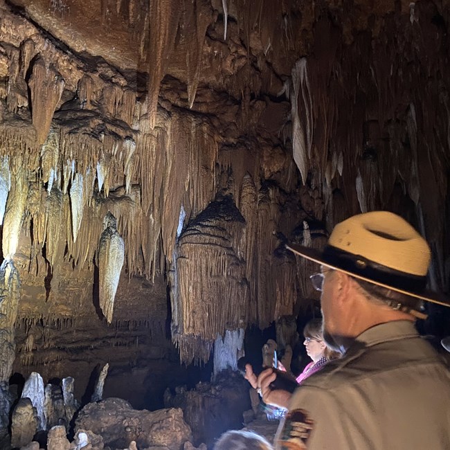 A man shines a flashlight on a large cluster of stalactites.