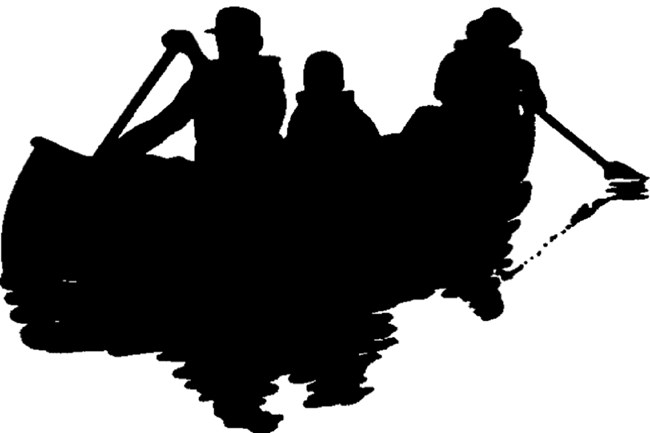 a black cut out of a family paddling in a canoe