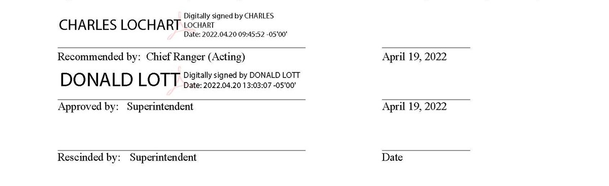 Digital signatures of Charles Lochart (Acting Chief Ranger) and Donald Lott (Superintendent)
