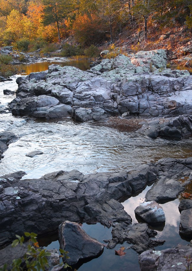 sun set view at the shut-ins along Rocky Creek at Klepzig Mill