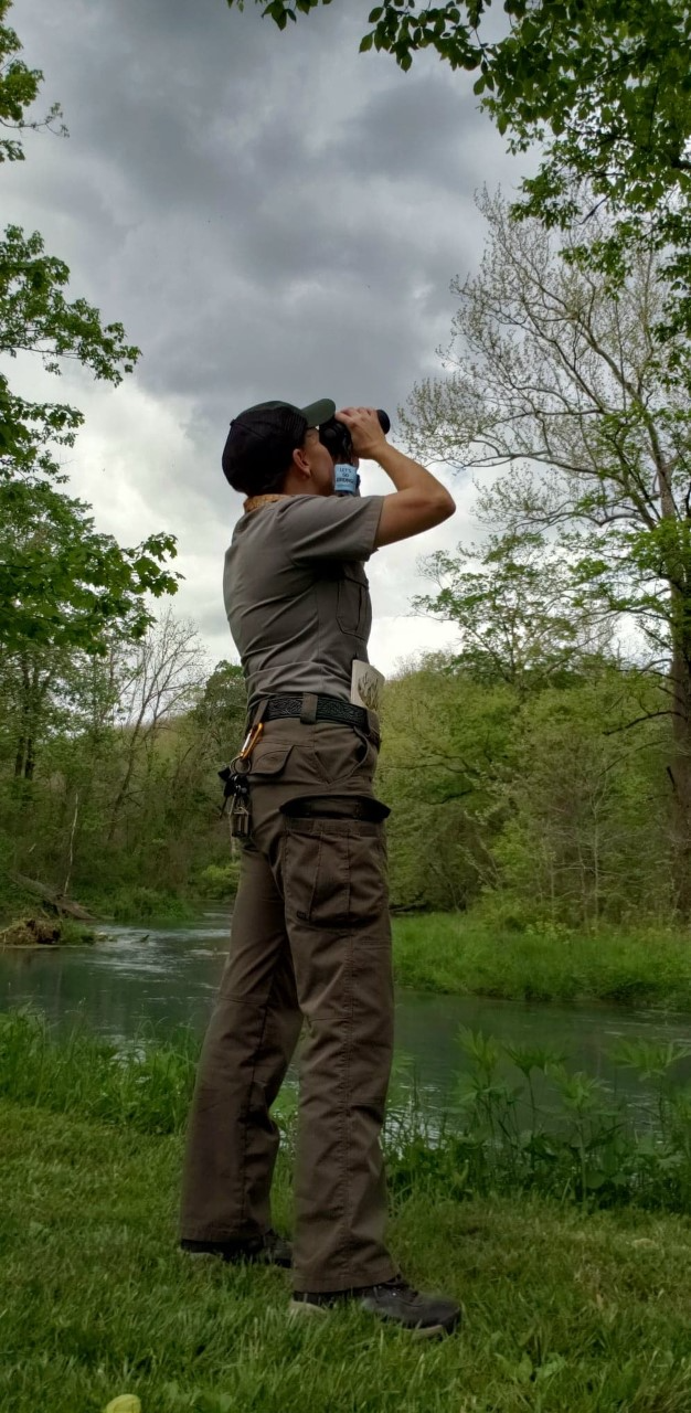 Female ranger standing next to spring branch in uniform with binoculars looking at sky