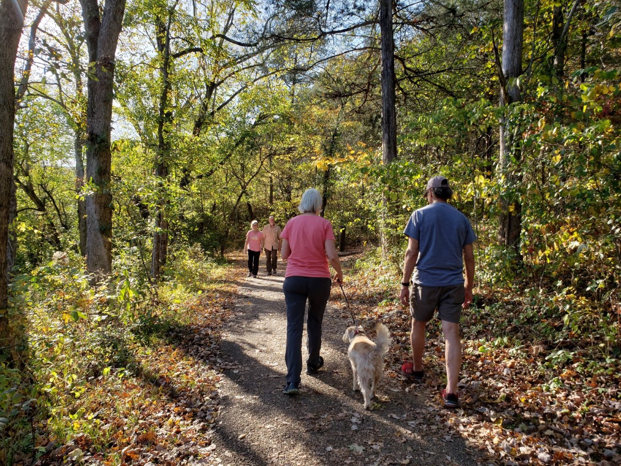 man and woman from the back walking down a trail with a dog and another man and woman walking toward them in the woods