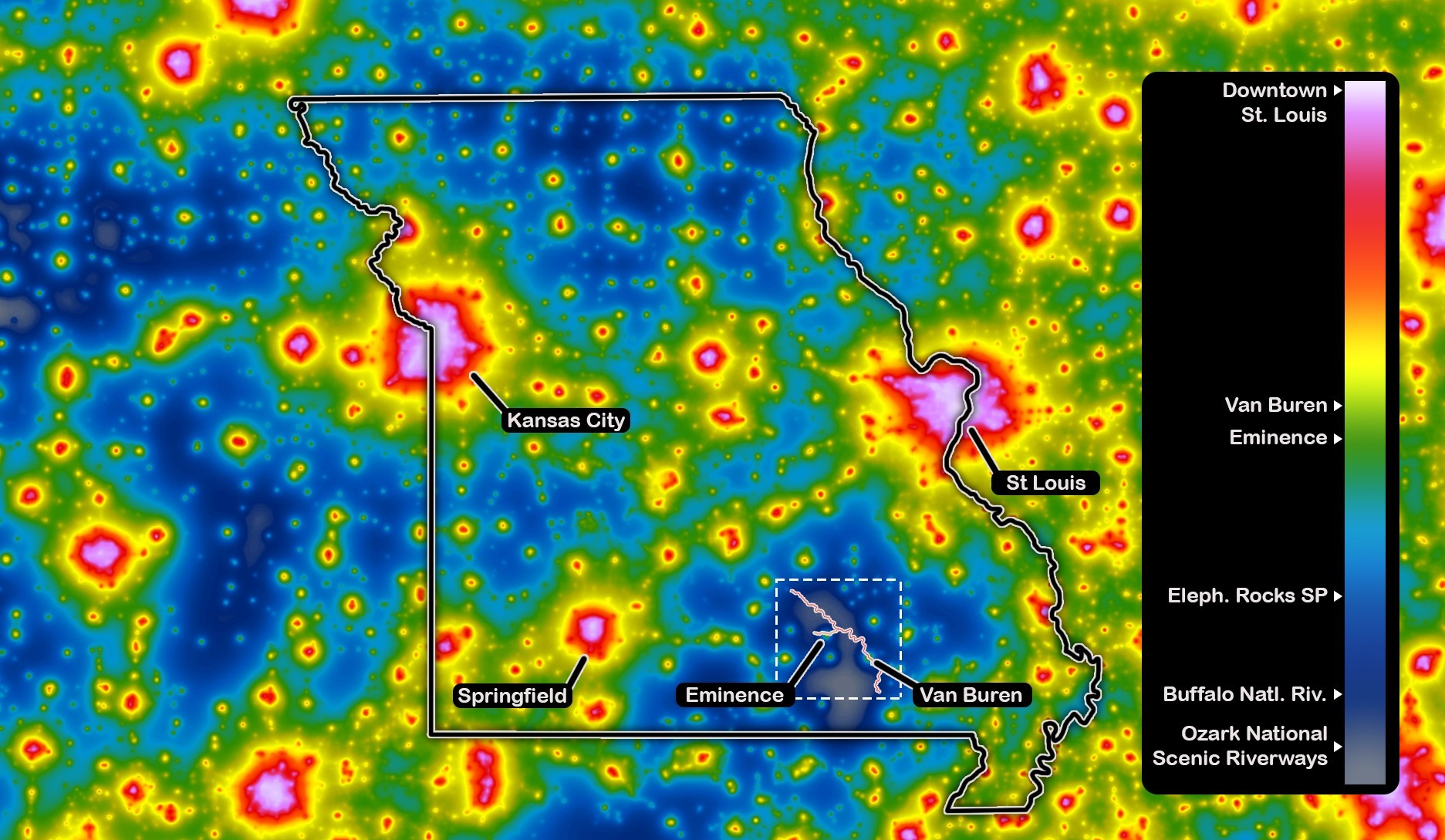 downloadsadgedfafa A graphic depicting the levels of light pollution in Missouri. Red indicates high light pollution and is in the St.Louis Kansas City and Springfield areas. ONSR is blue/grey which shows very little light pollution.