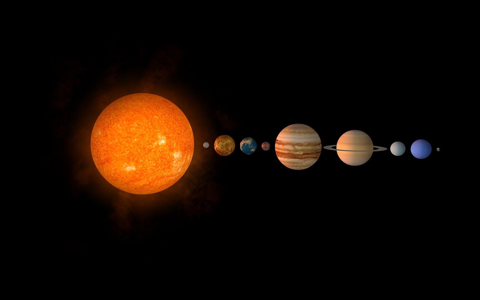 graphic color representation showing all the planets in a line with the sun on the far left set against a black background