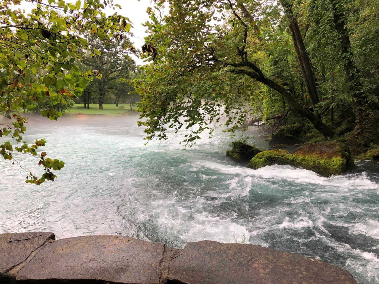 Blue water with white caps gushes from Big Spring. Moss covered rocks and overhanging trees line the spring.