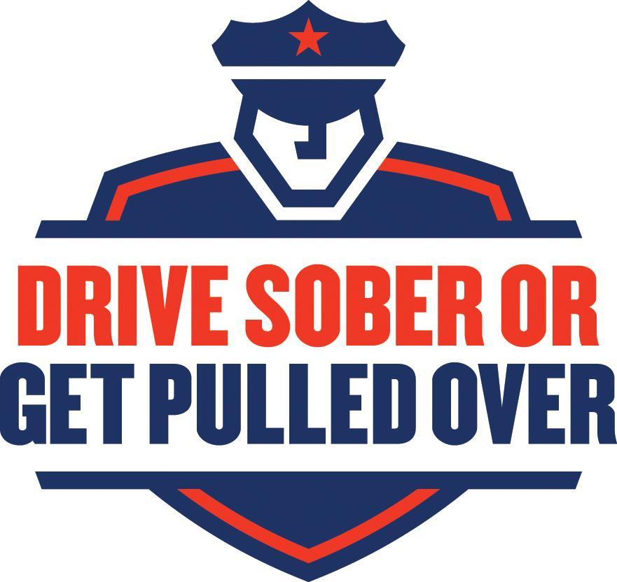Official logo for the Drive Sober or Get Pulled Over impaired-driving awareness campaign. Officer cartoon in red and blue with campaign text of drive sober in the middle.