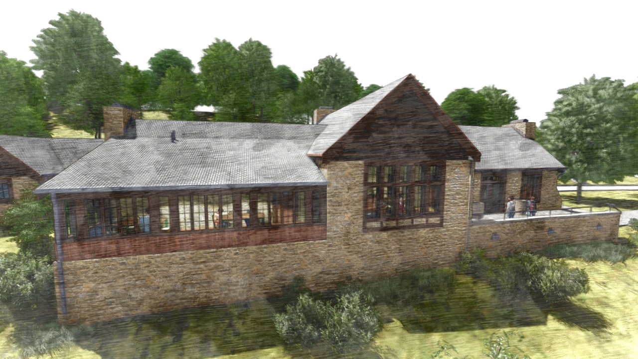 Closeup artist rendering of a stone and wood structure of the Big Spring Lodge