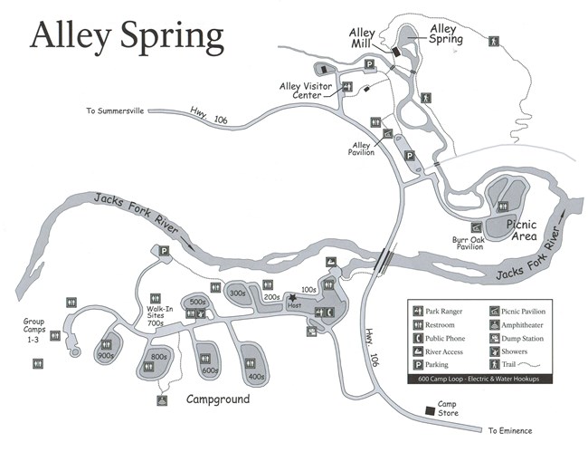 AS Campground Map A map showing Alley Spring campground with the following locations; dump station, river access, showers, restrooms, amphitheater, parking, alley mill, alley visitor center, pavilions, picnic area, alley spring, trails, hwy 106, campground loops, river