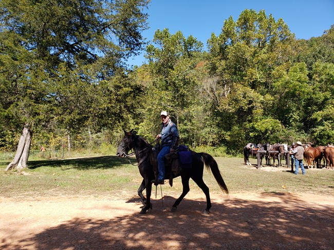 A horseback rider on a black horse on a trail looking at the camera. Horses with saddles are tied at hitching post with a couple people talking by them.