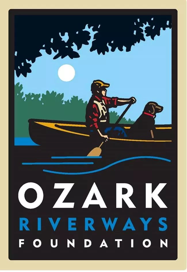 Cartoon graphic of guy in canoe with dog on the river. Text reads Ozark Riverways Foundation