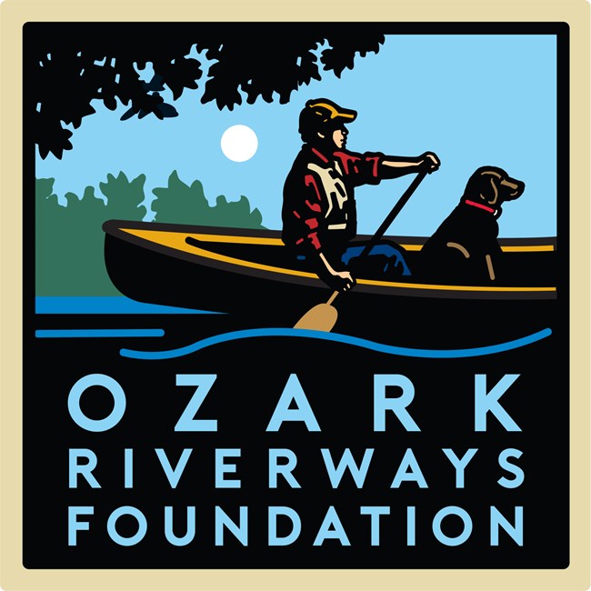A logo of a man paddling down the river with a dog. Text reads "Ozark Riverways Foundation."