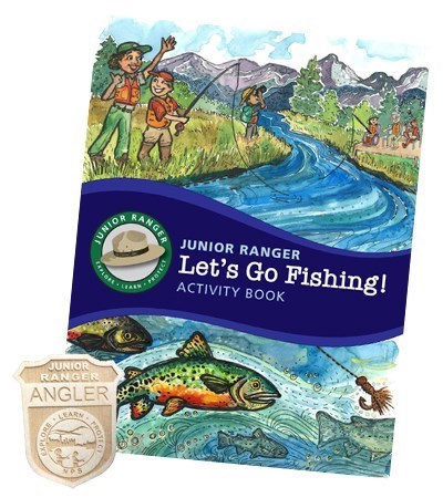 A color rendition of a book cover with kids in fishing vest casting fishing line into river, book says Junior Ranger Let's Go Fishing, activity book. Below title is a colored cartoon trout swimming toward a fishing lure.