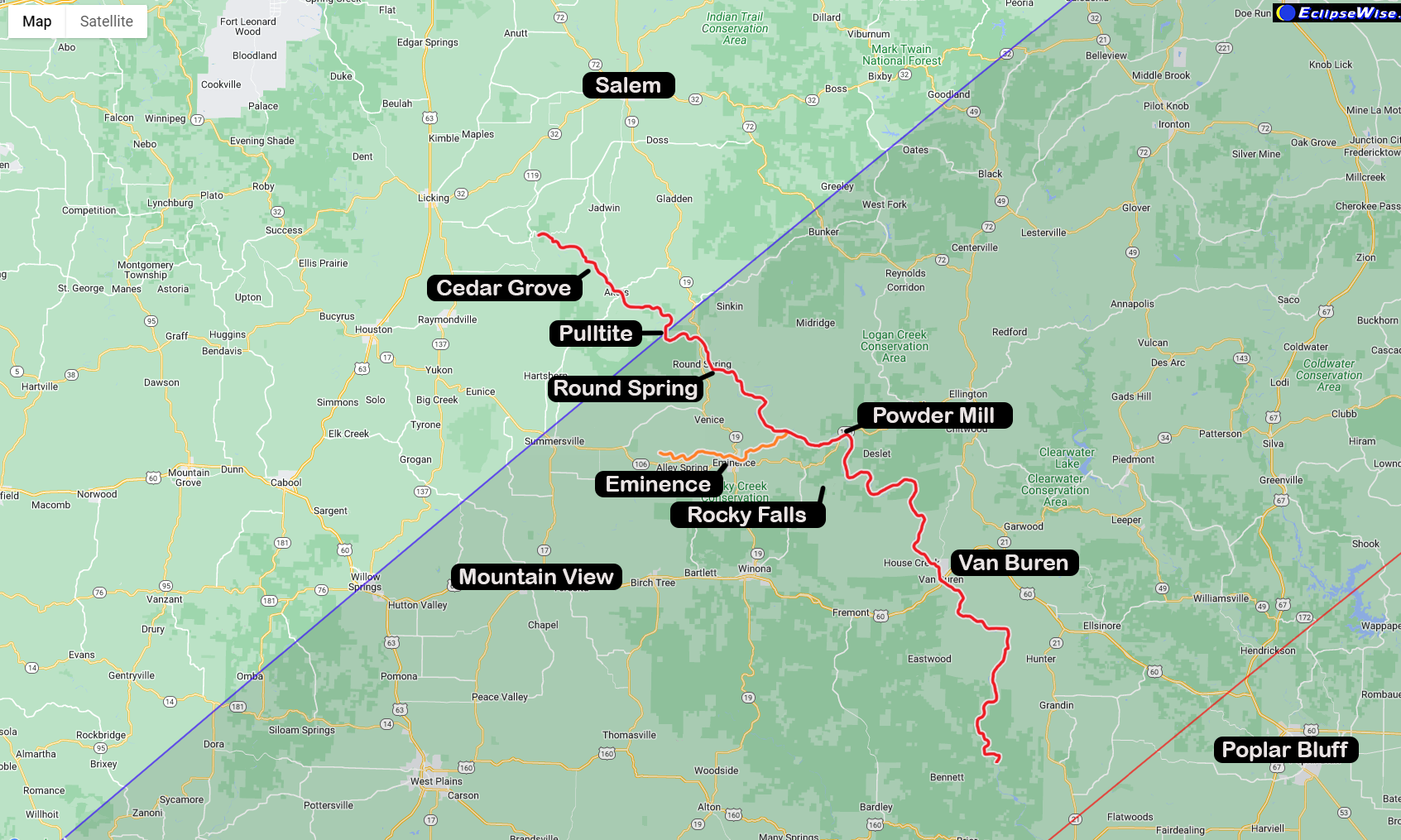 A map showing the 2024 eclipse path over Ozark National Scenic Riverways. Locations south and east of Pulltite are covered fully, while locations north and west of Pulltite are outside the eclipse.