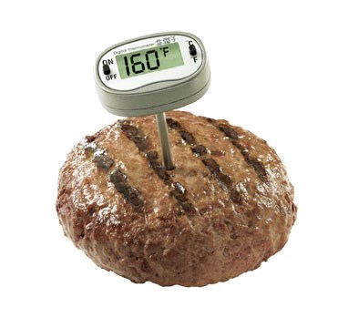 A hamburger with meat thermometer.