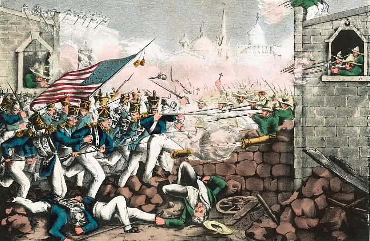 Color lithograph of U.S. troops Americans forcing their way to the main plaza at Monterrey.