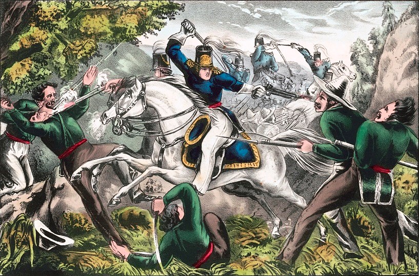 Color print of U.S. soldiers on horseback in combat with Mexican soldiers