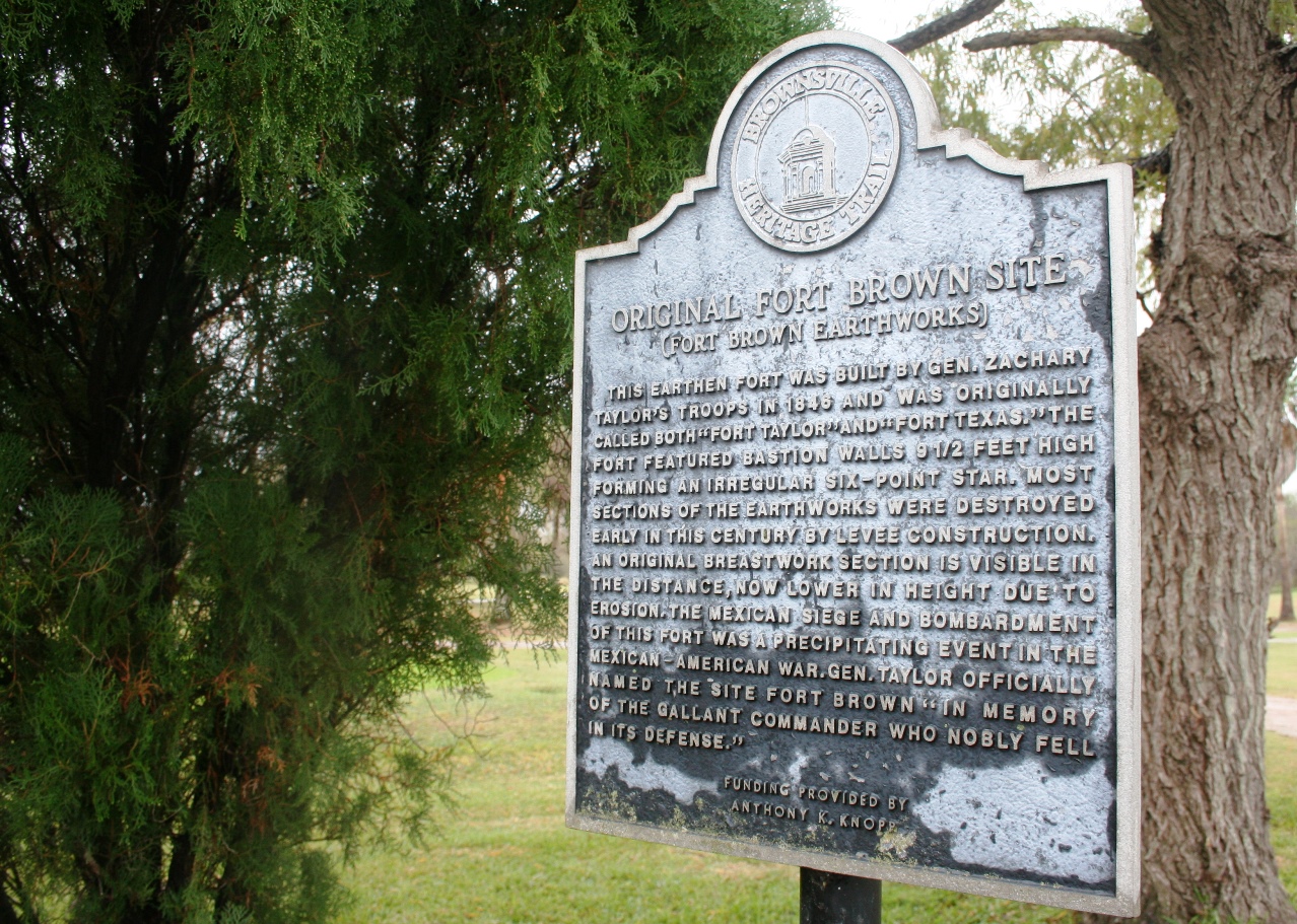 A historical marker for the Fort Brown earth works A historical marker for the Fort Brown earth works
