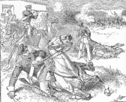 Black and white drawing of the battle at Rancho de Carricitos