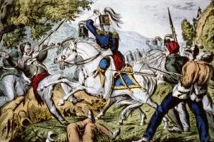 U.S. dragoons in combat Color lithograph of U.S. dragoons in combat