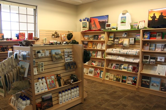 View of park bookstore with various items on display. View of park bookstore with various items on display.