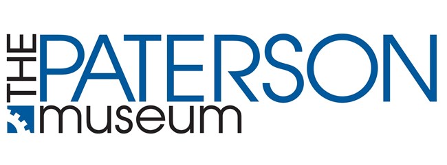 Text reading "The Paterson Museum" - Paterson is in blue. A blue square at bottom left has a white gear section