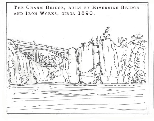 Uncolored drawing of "The Chasm Bridge, Built by Riverside Bridge & Iron Works, Circa 1890" - water falls 77 ft down a chasm spanned by an arched bridge with industrial buildings in the far background