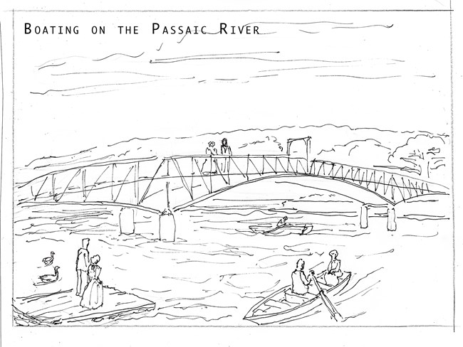 Uncolored drawing titled "Boating on the Passaic" of people crossing an arched footbridge over a river inlet where people row small boats or look on from the shore