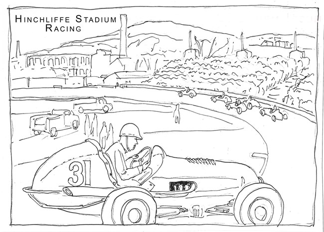 Uncolored drawing of small one-person race cars driving at a stadium, labeled "Hinchliffe Stadium Racing"