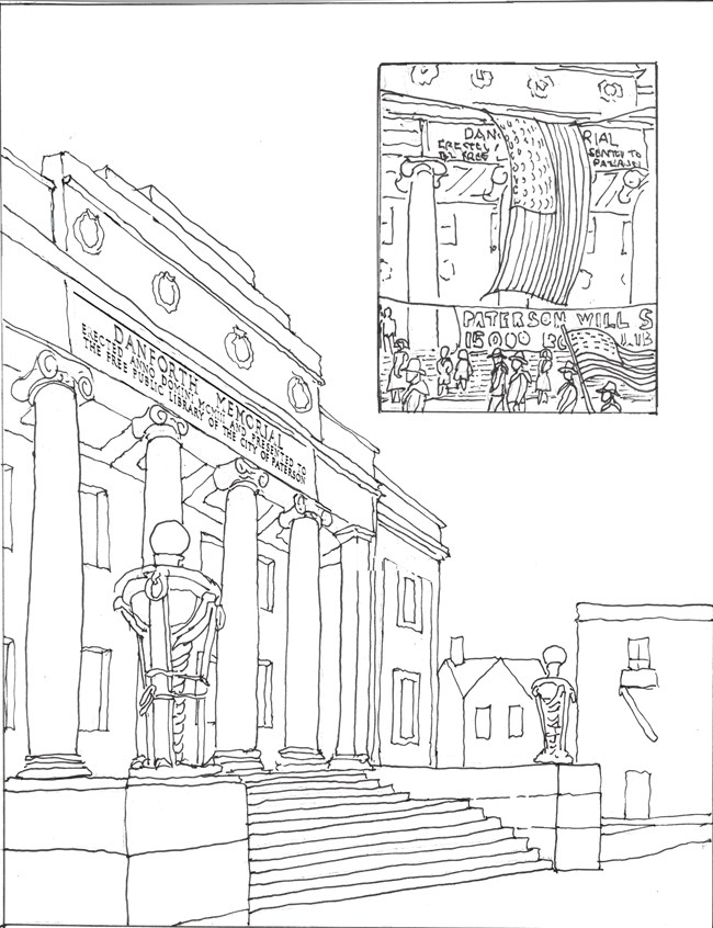 Uncolored drawing of the Danforth Memorial Library, a two-story Classical Revival building with wide front steps leading to a columned entrance flanked by ornate lamps. An inset shows a parade passing it, a large American flag hanging over the doorway