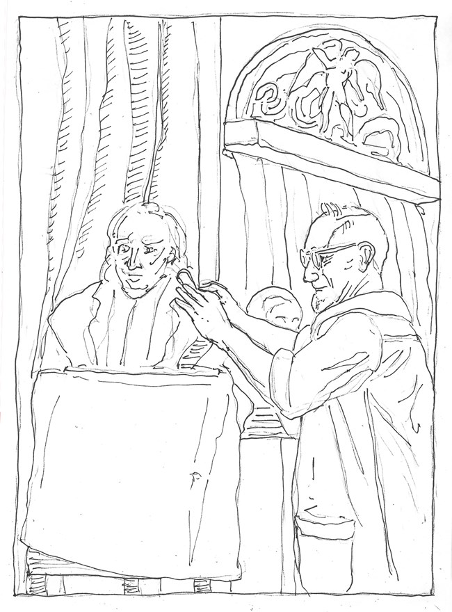 Uncolored drawing of an older man with glasses sculpting a bust - another bust & a decorative doorway frieze visible behind him