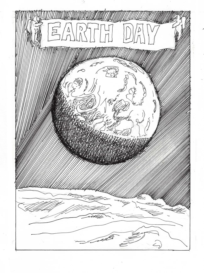 Uncolored drawing of the Earth seen from moon, a pair of astronauts floating above it holding a banner reading "Earth Day"