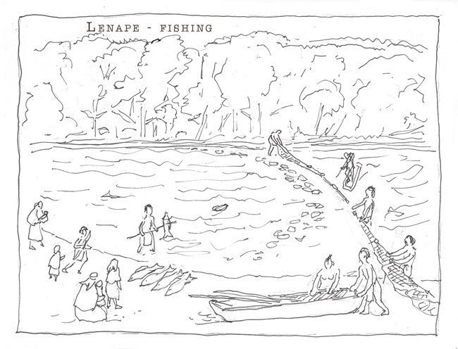 Hand drawn uncolored coloring sheet showing Lenape Native Americans fishing with nets, spears, & a stone weir dam. Others run on the shore, work on a canoe, or tend to children