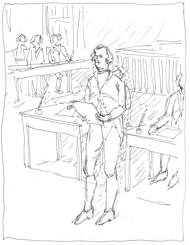 A hand-drawn uncolored coloring sheet of Alexander Hamilton speaking before a group of figures
