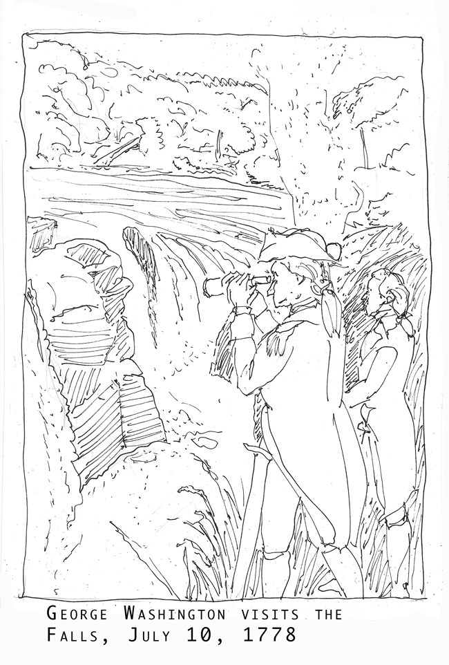 Outlined uncolored drawing of Alexander Hamilton & George Washington visiting the Great Falls, viewing it with a spyglass
